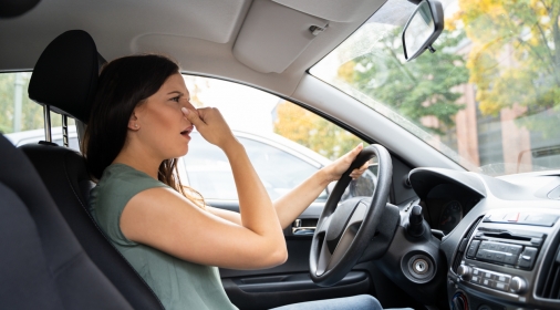 Woman Covering Her Nose From Bad Smell Inside The Car