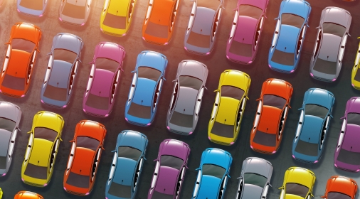 Colorful Cars Inventory. Dealership Cars in Stock 3D Illustration. Aerial View.