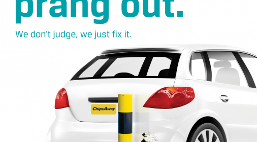 Get that prang out ChipsAway ad with white car hitting a bollard